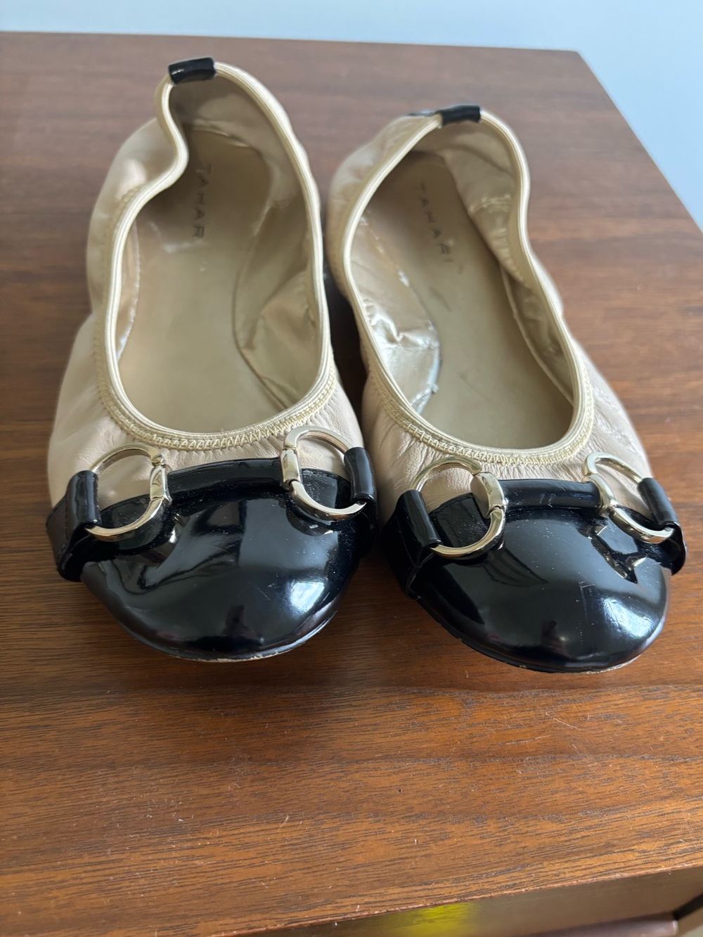 Tahari Beige and Black Patent Toe Women’s Ballet Flats